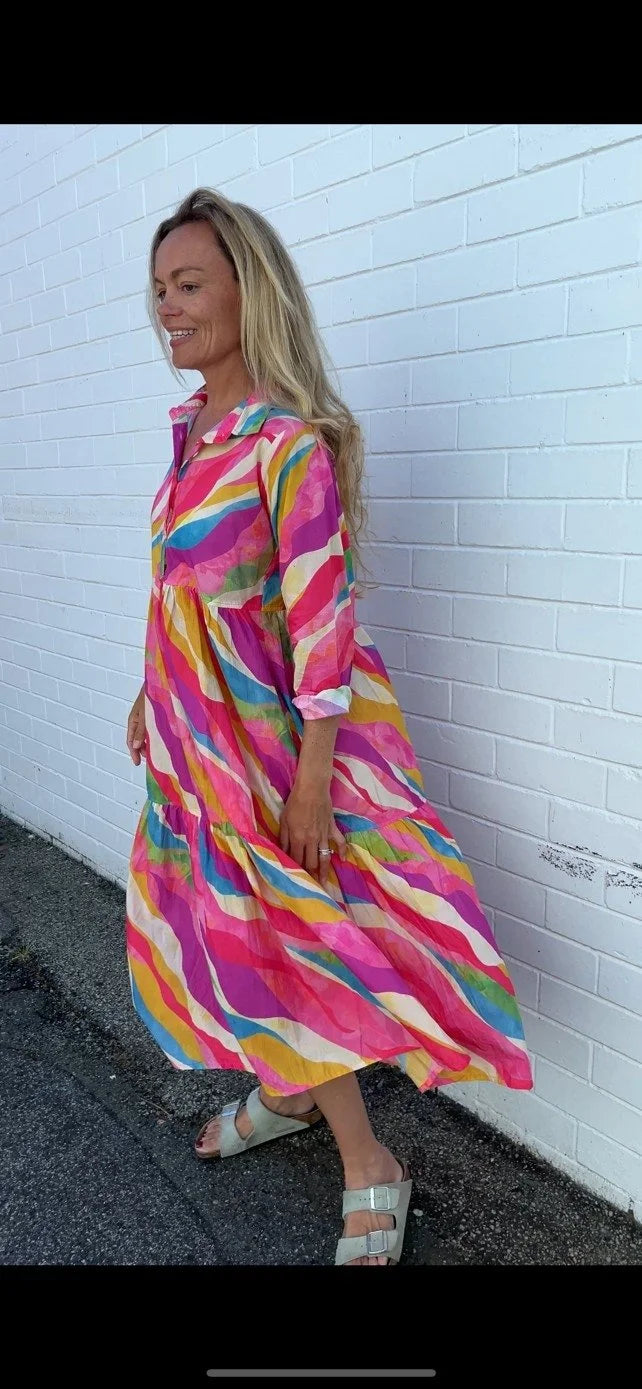 Chelsea in Pink Swirl  print- Pure Cotton layered dress with longsleeves