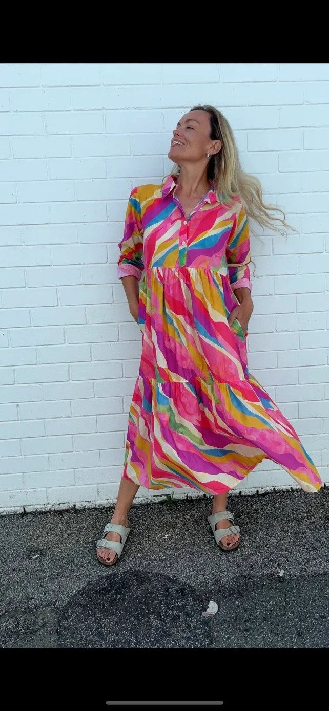 Chelsea in Pink Swirl  print- Pure Cotton layered dress with longsleeves