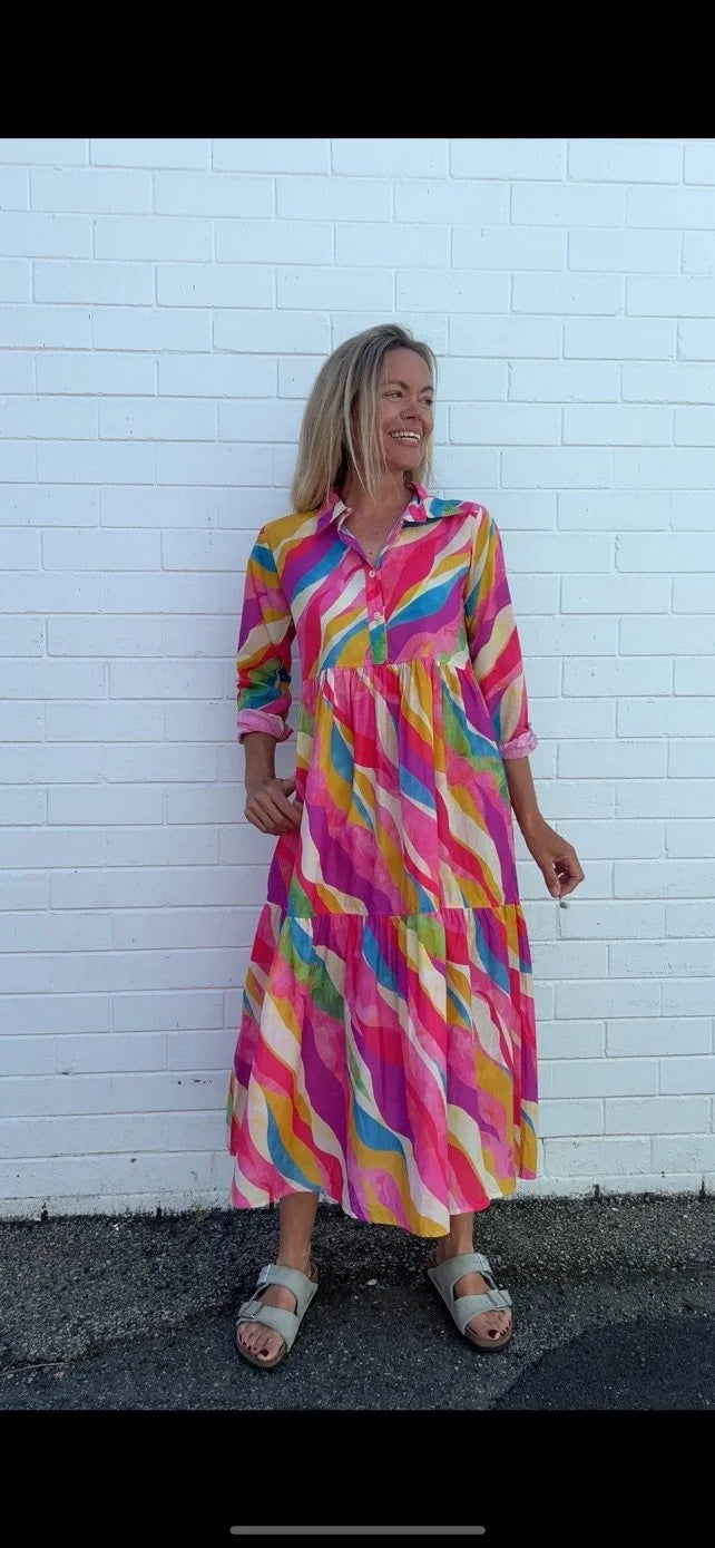 Chelsea in Pink Swirl  print- Pure Cotton layered dress with longsleeves