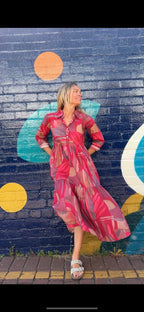 Chelsea in Red Multi geometric print- Pure Cotton layered dress with longsleeves