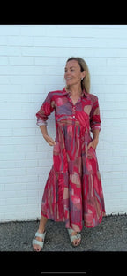 Chelsea in Red Multi geometric print- Pure Cotton layered dress with longsleeves