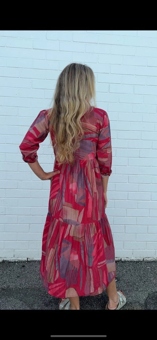 Chelsea in Red Multi geometric print- Pure Cotton layered dress with longsleeves