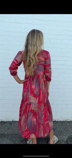 Chelsea in Red Multi geometric print- Pure Cotton layered dress with longsleeves