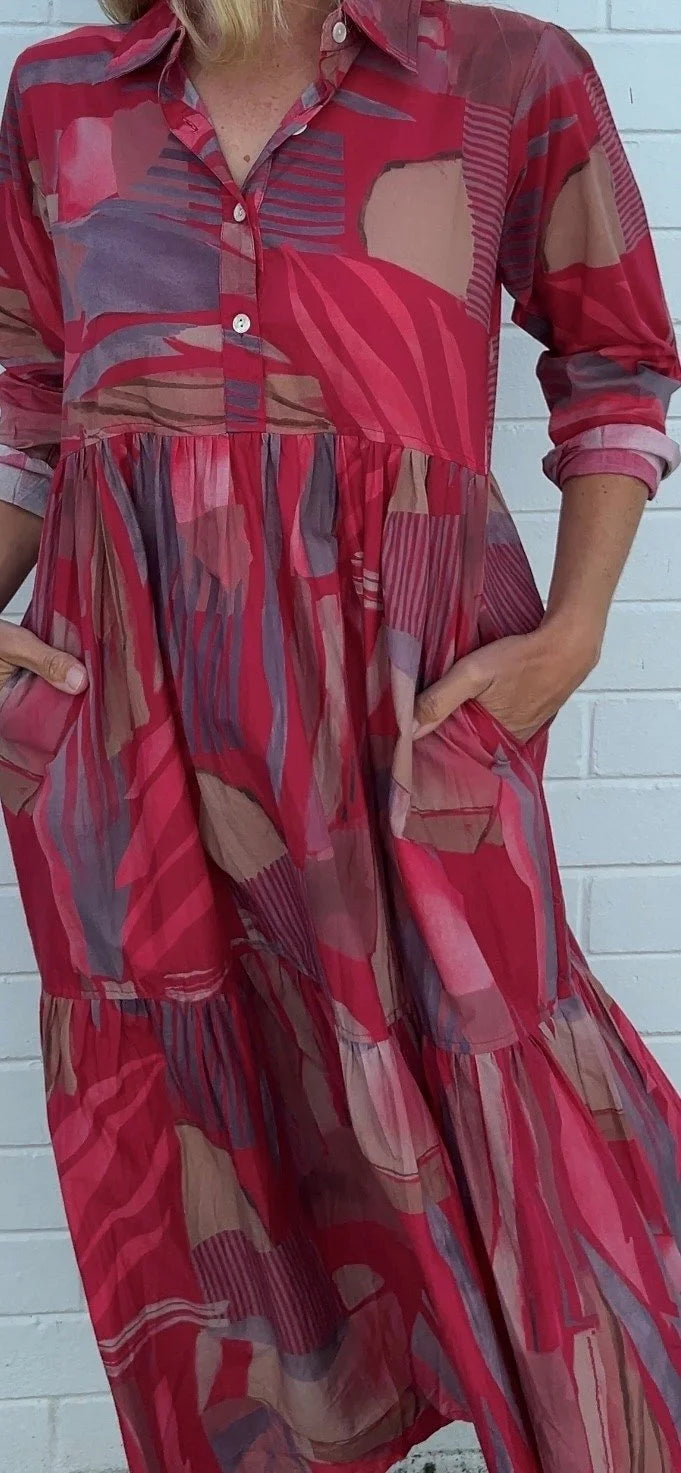 Chelsea in Red Multi geometric print- Pure Cotton layered dress with longsleeves