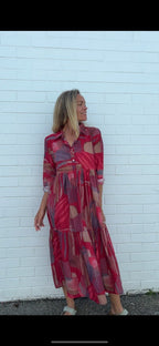 Chelsea in Red Multi geometric print- Pure Cotton layered dress with longsleeves