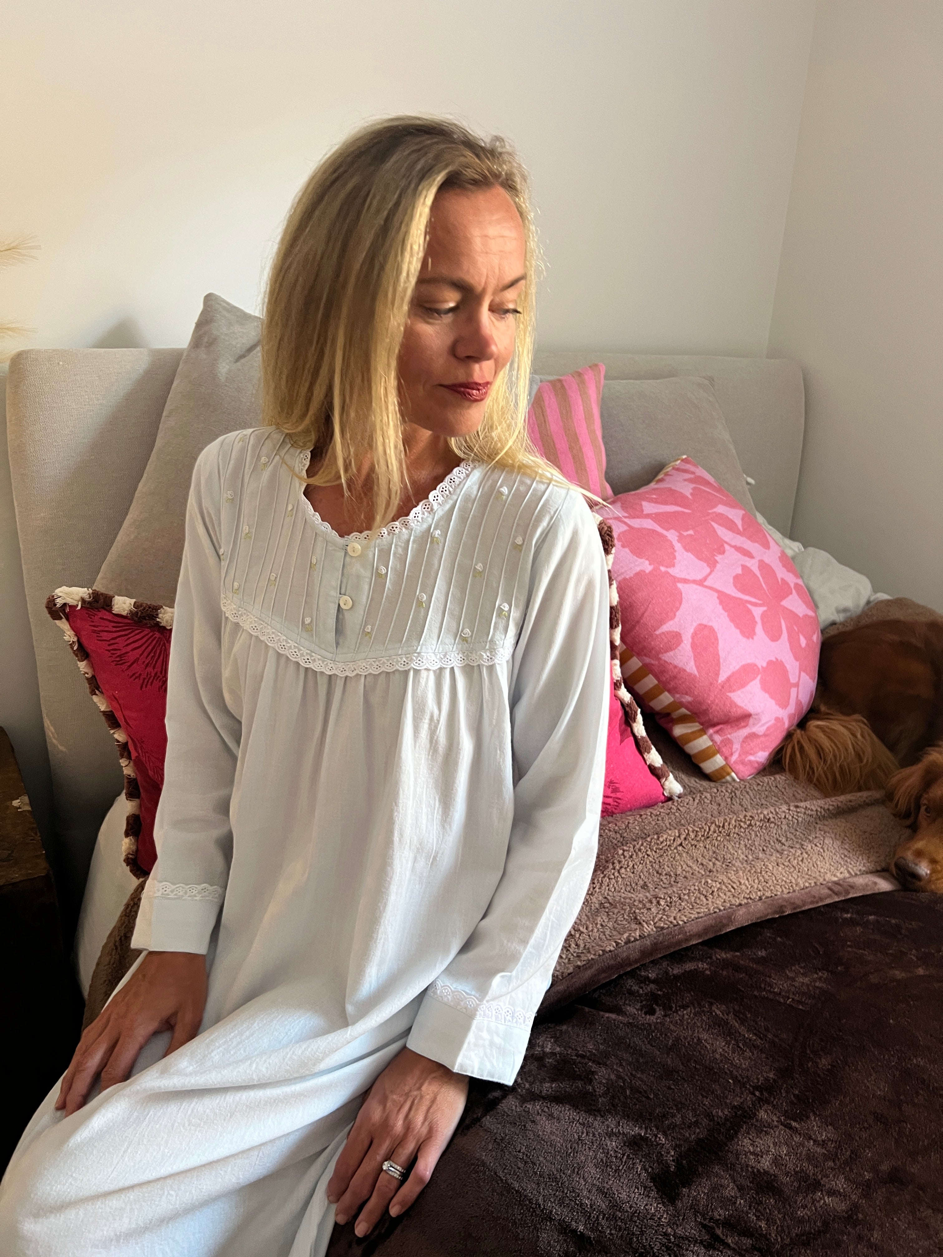 Cora Brushed Cotton  Long Sleeve & Long length Baby Blue Nightgown