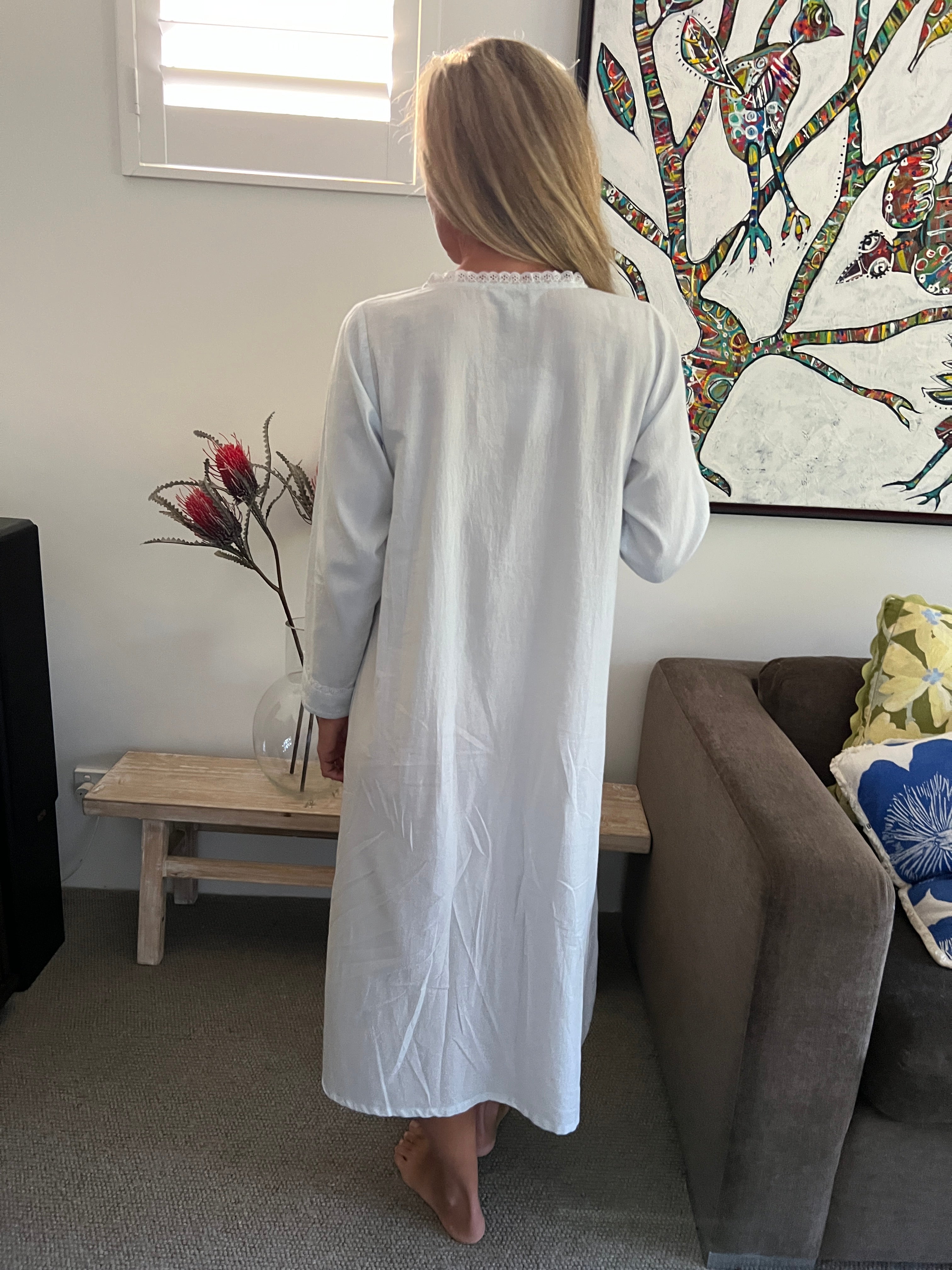 Cora Brushed Cotton  Long Sleeve & Long length Baby Blue Nightgown