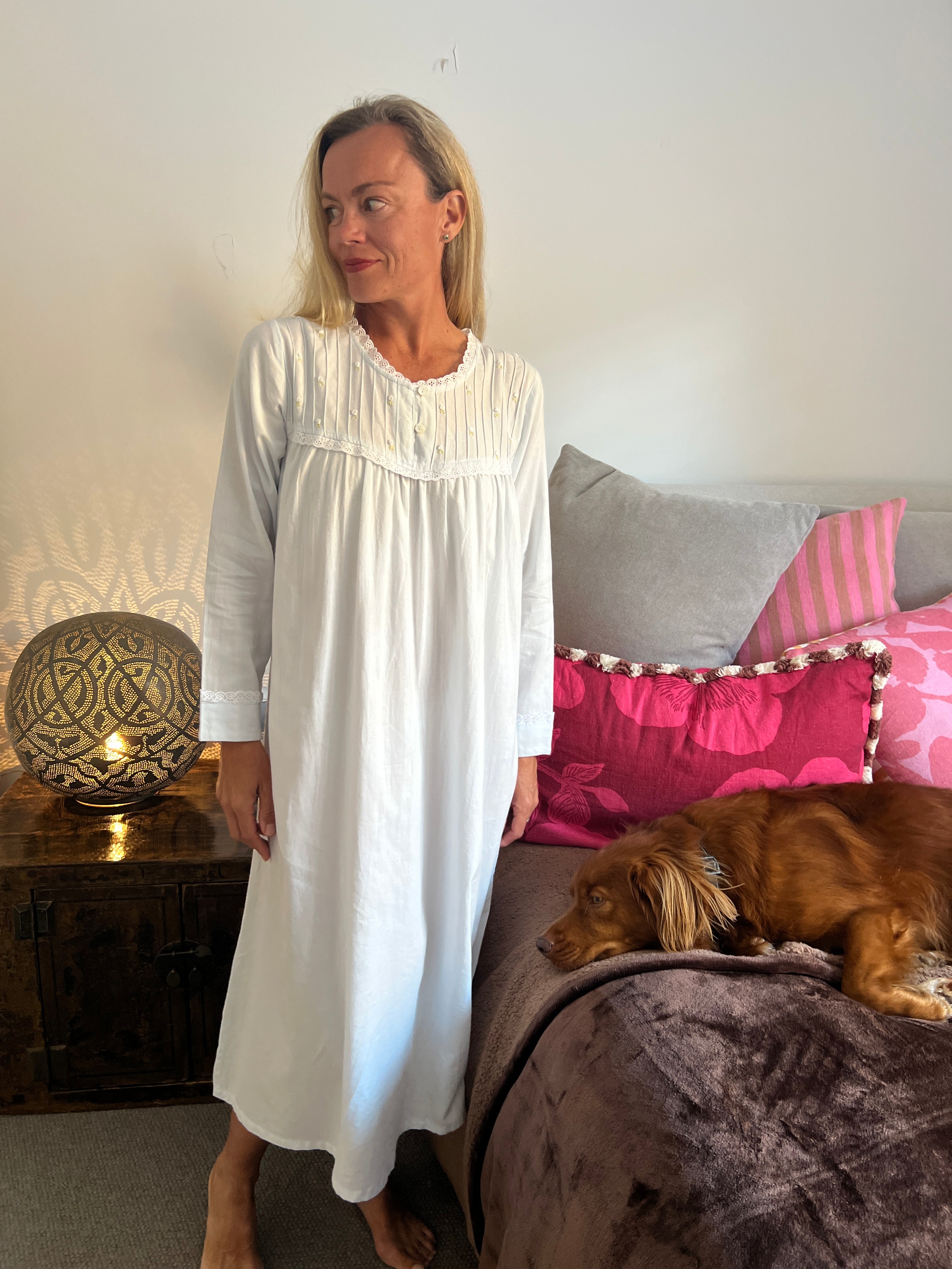 Cora Brushed Cotton  Long Sleeve & Long length Baby Blue Nightgown