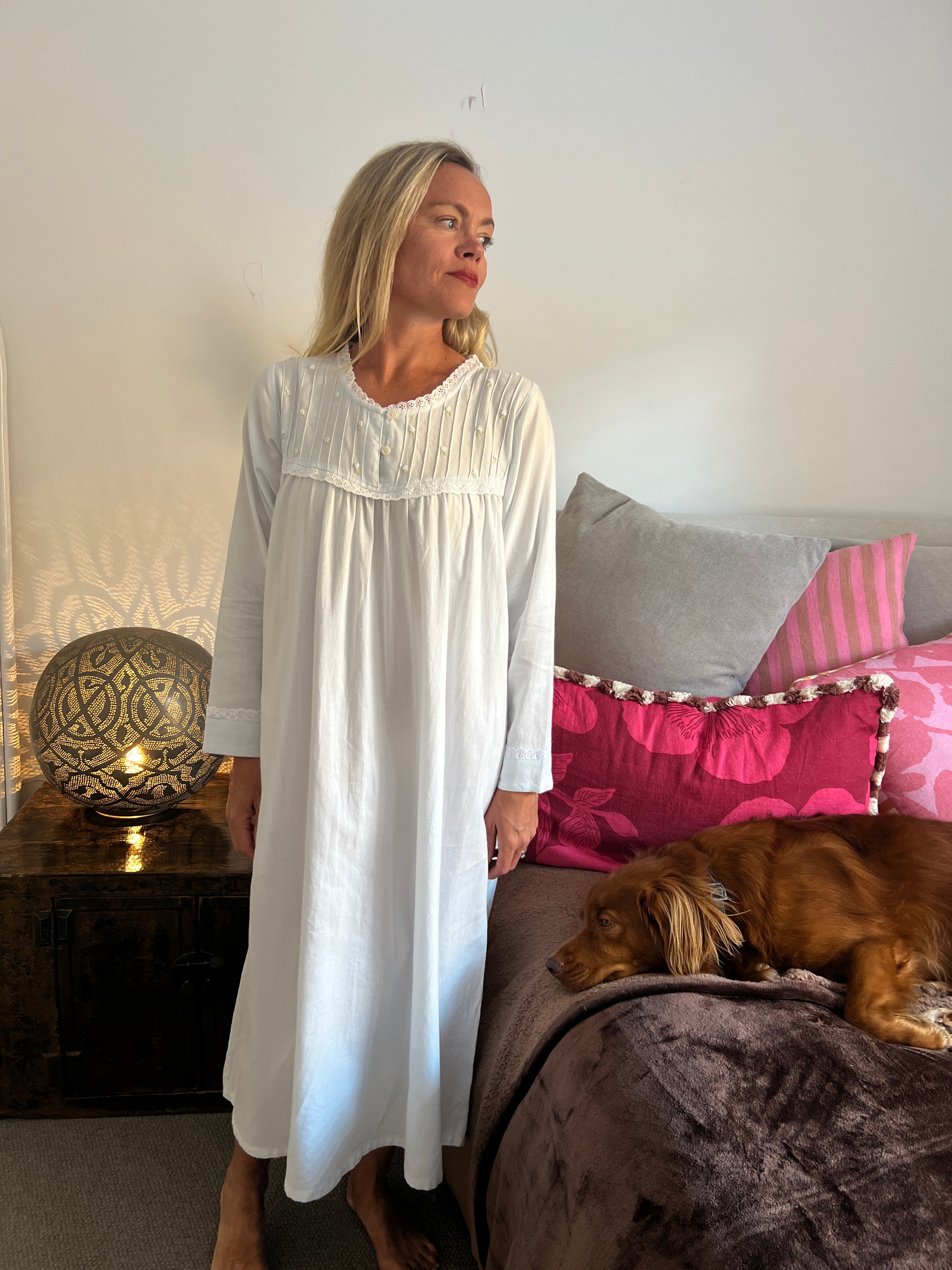 Cora Brushed Cotton  Long Sleeve & Long length Baby Blue Nightgown