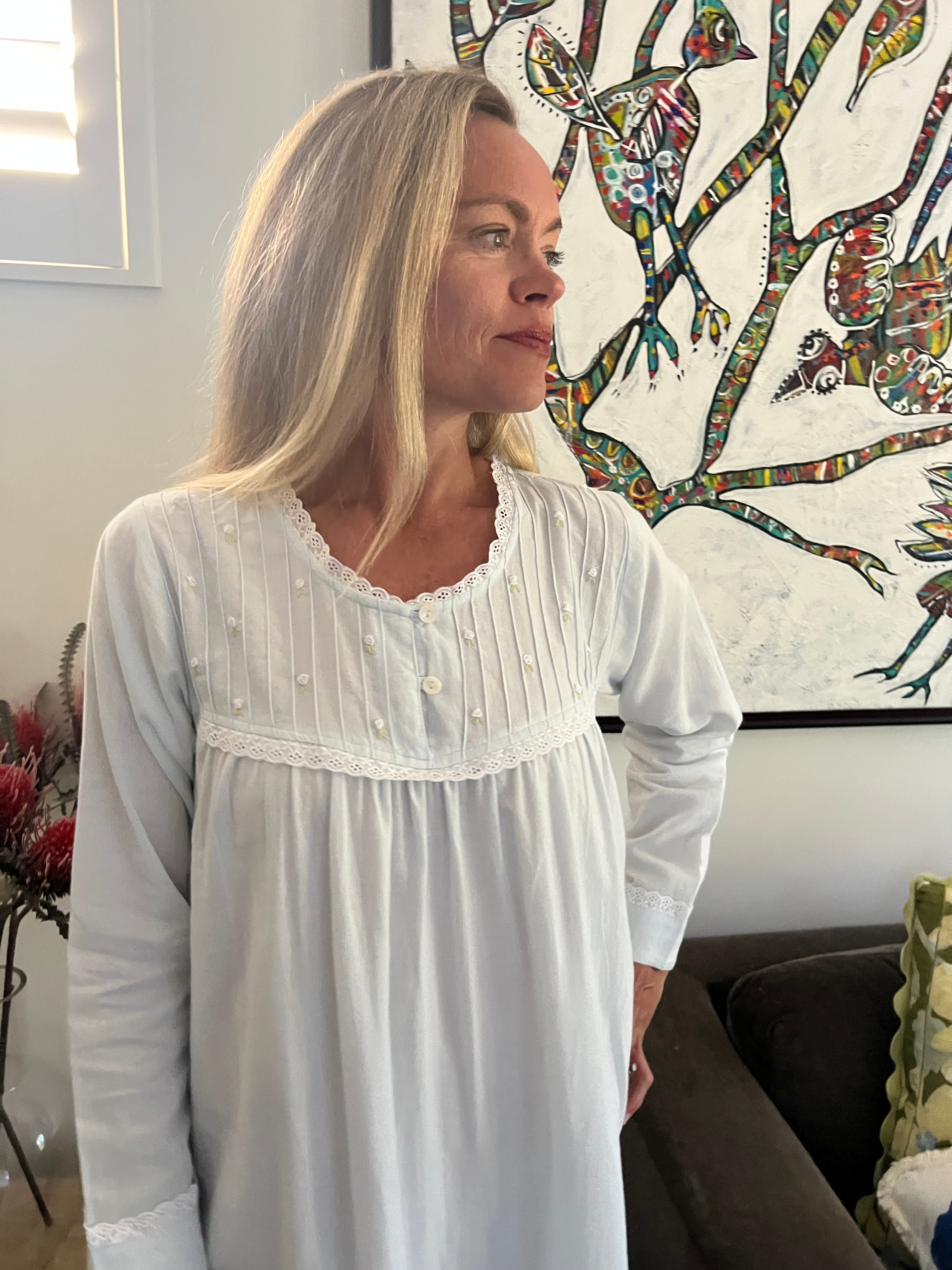Cora Brushed Cotton  Long Sleeve & Long length Baby Blue Nightgown