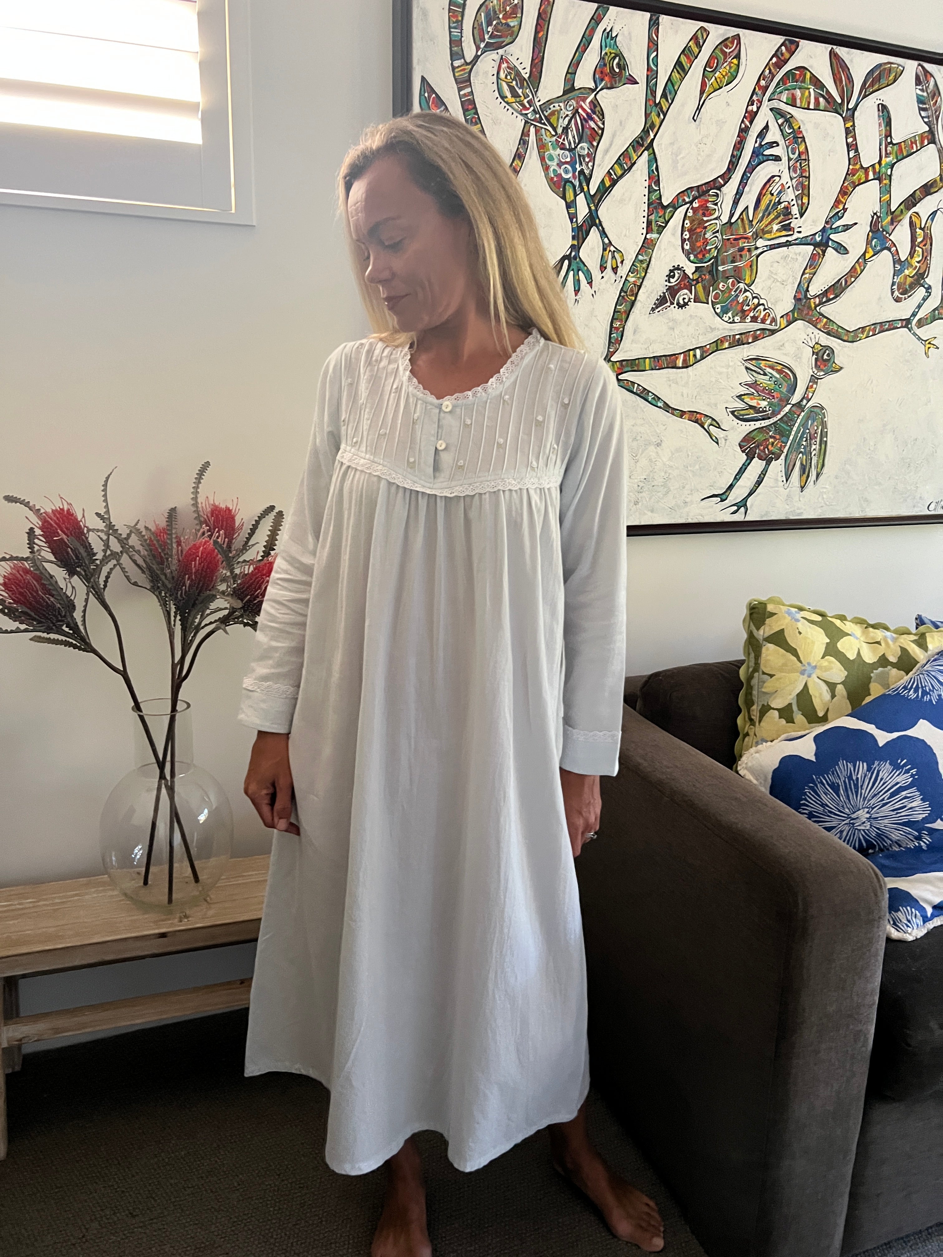 Cora Brushed Cotton  Long Sleeve & Long length Baby Blue Nightgown