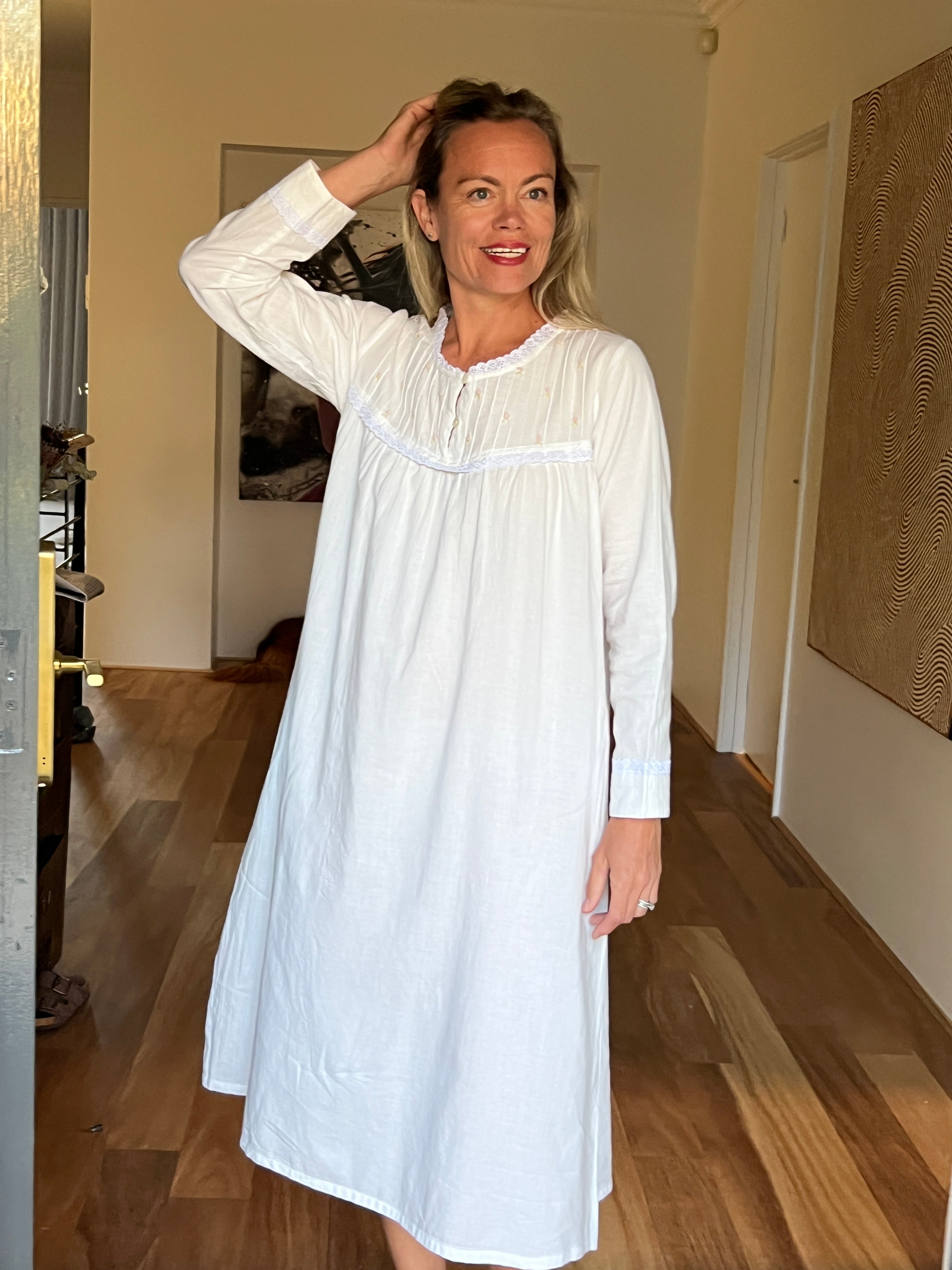 Cora Brushed Cotton  Long Sleeve & Long length White Nightgown