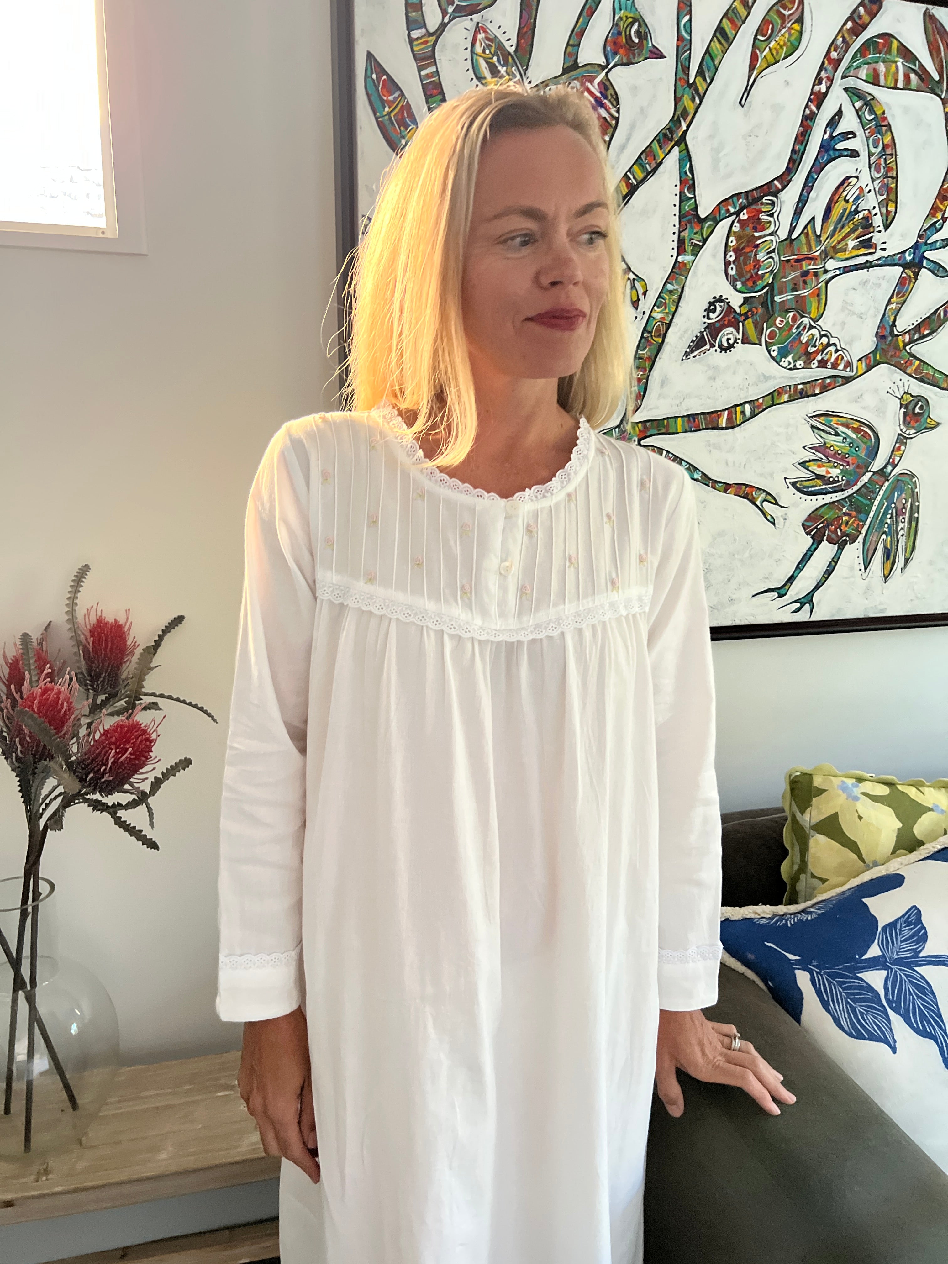 Cora Brushed Cotton  Long Sleeve & Long length White Nightgown