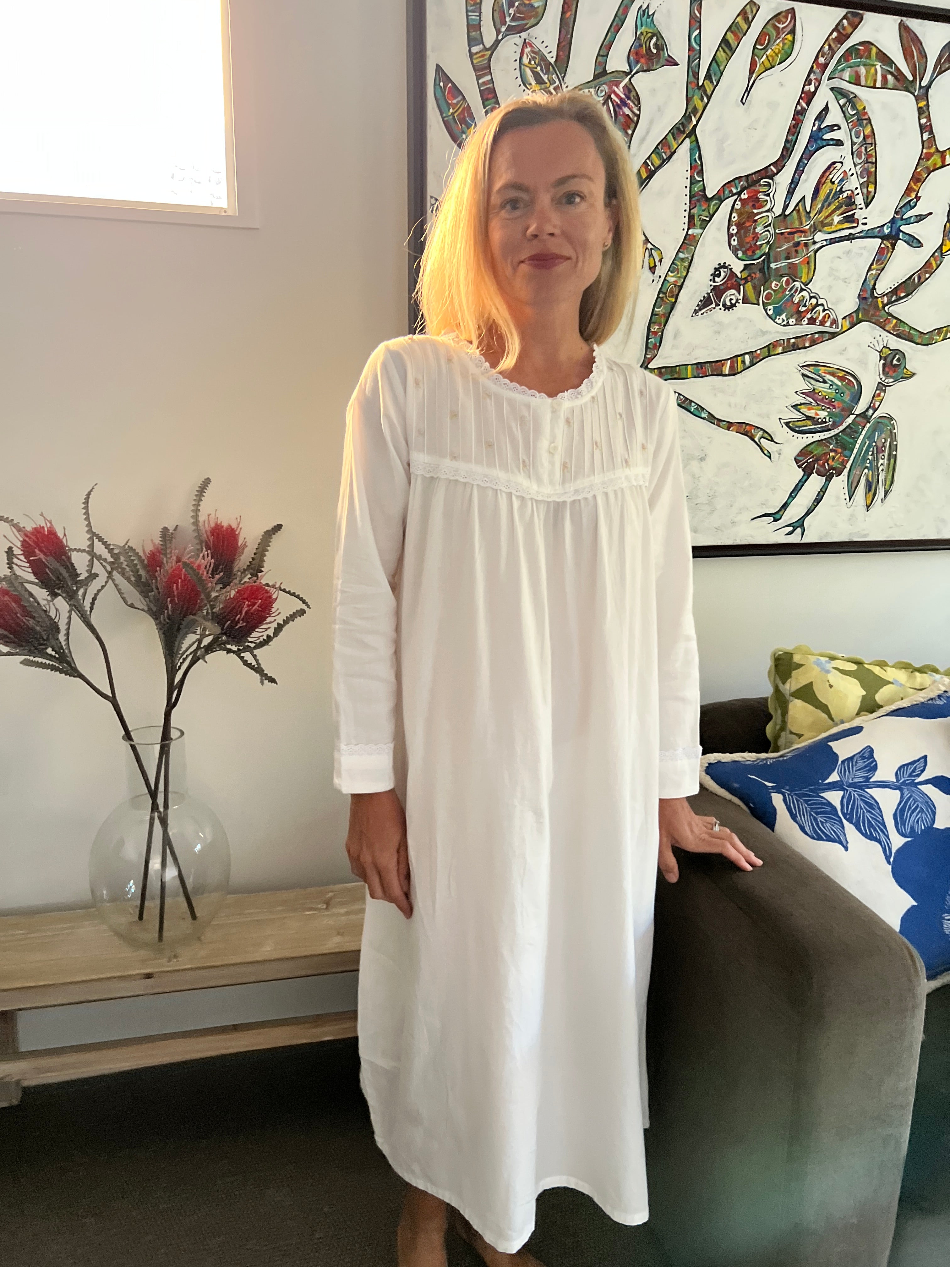Cora Brushed Cotton  Long Sleeve & Long length White Nightgown