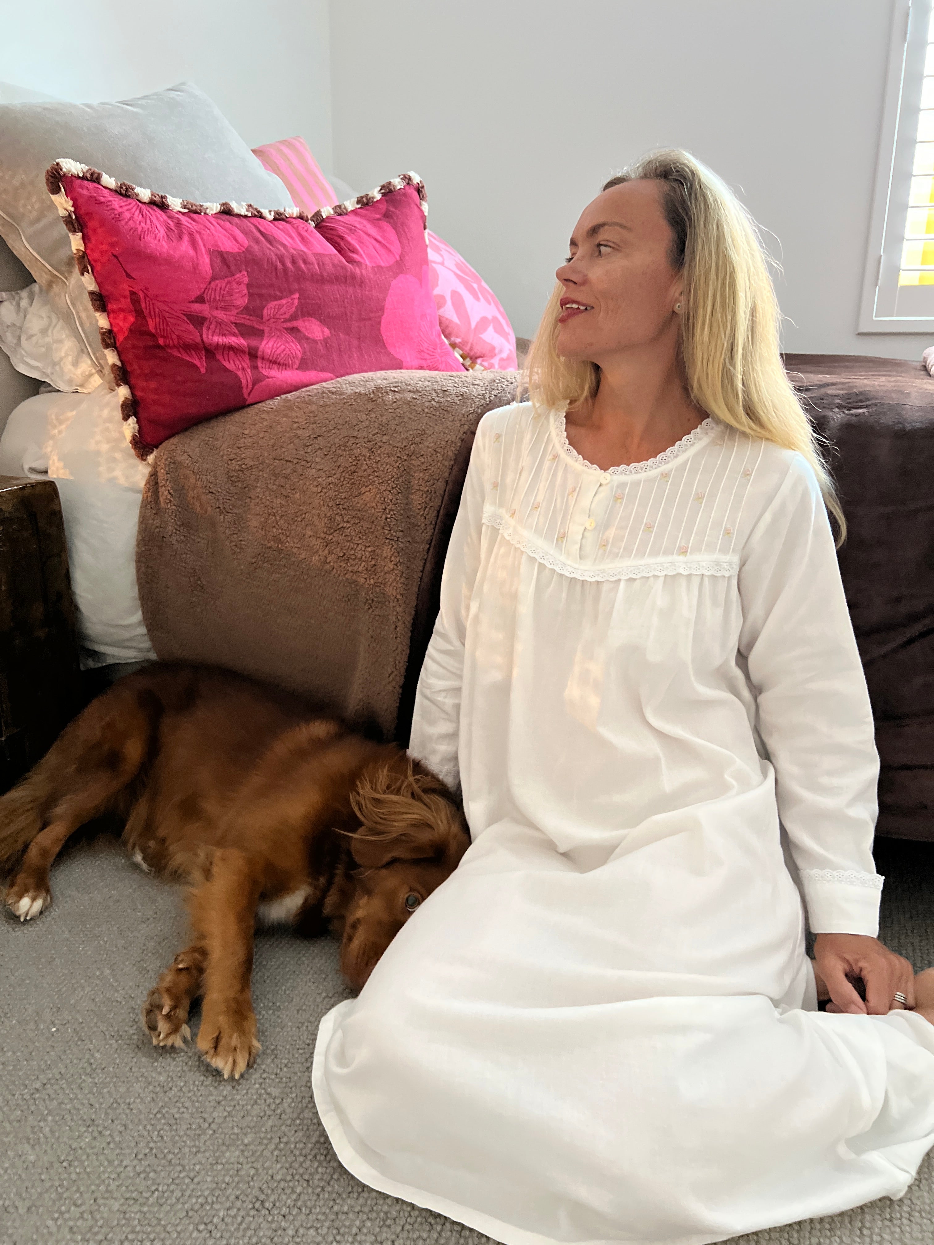 Cora Brushed Cotton  Long Sleeve & Long length White Nightgown