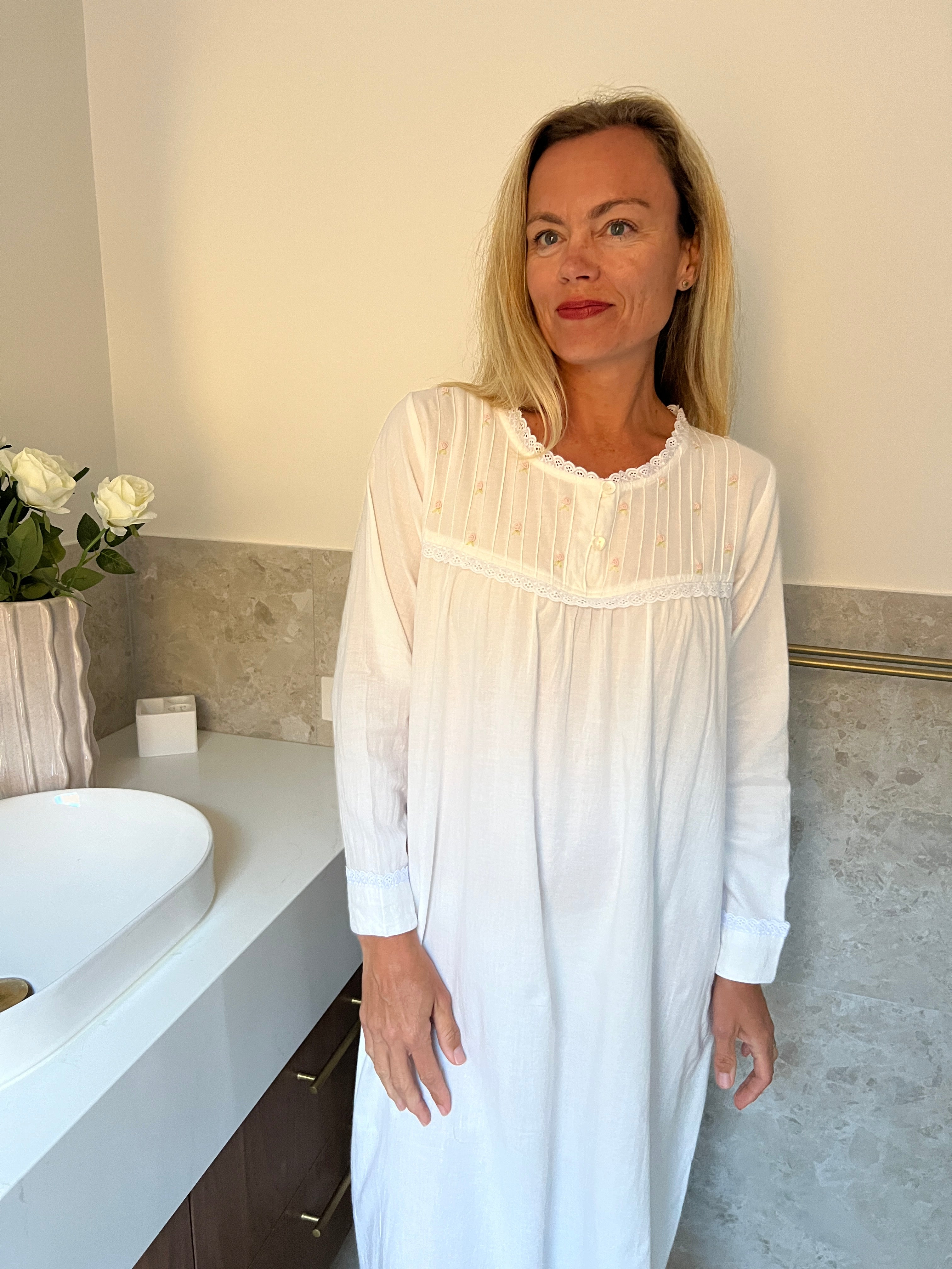 Cora Brushed Cotton  Long Sleeve & Long length White Nightgown