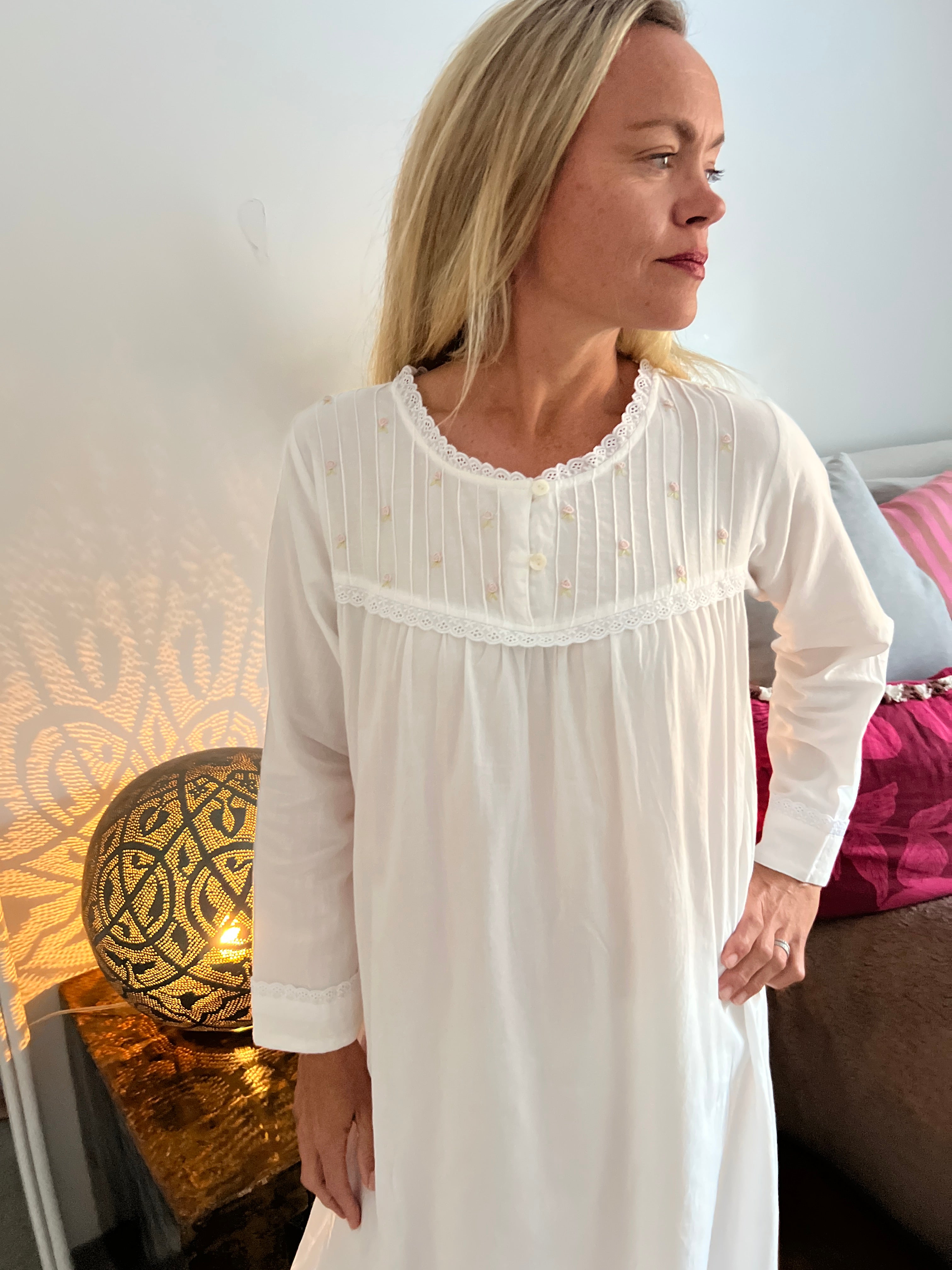Cora Brushed Cotton  Long Sleeve & Long length White Nightgown