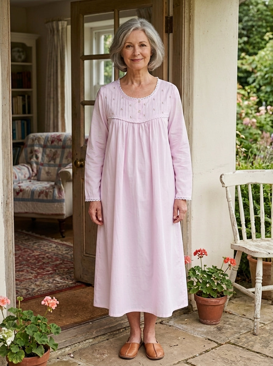 Cora Brushed Cotton  Long Sleeve & Long length soft pink Nightgown