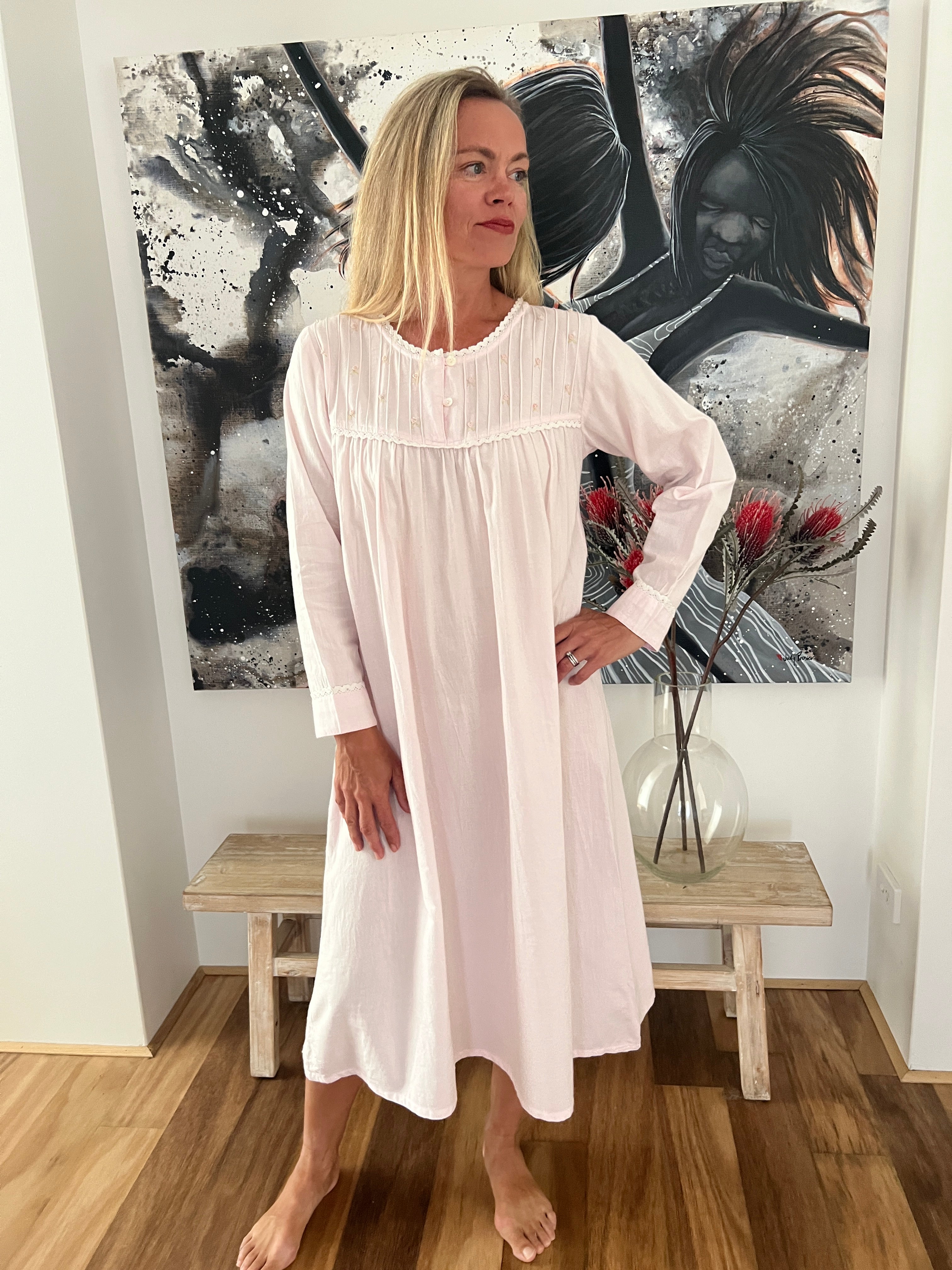 Cora Brushed Cotton  Long Sleeve & Long length soft pink Nightgown