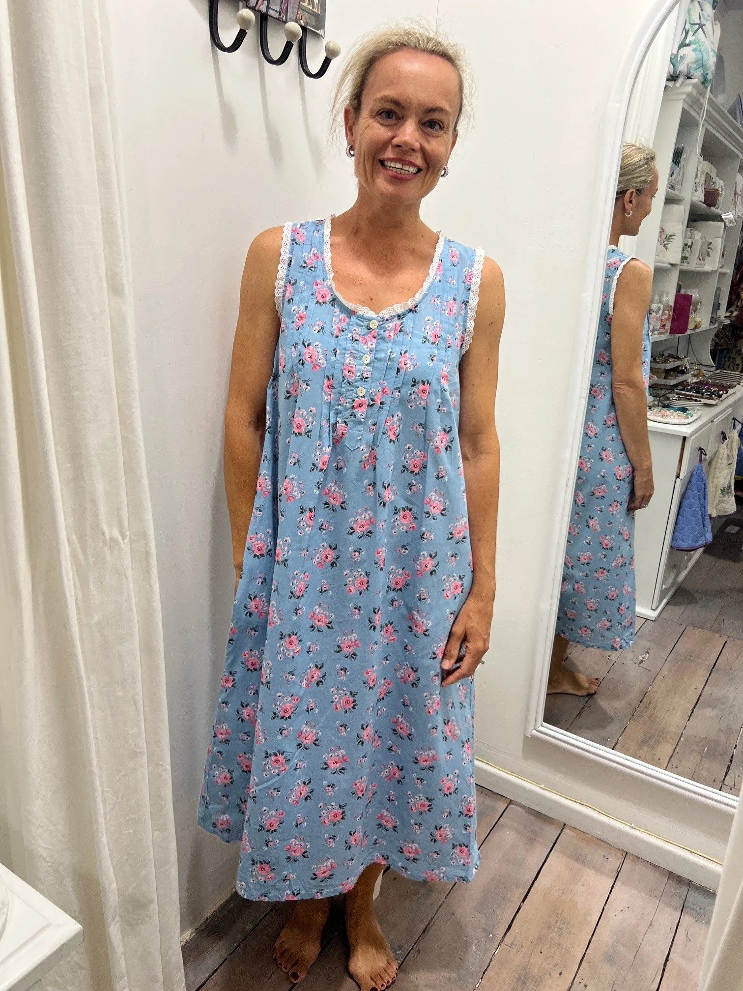 Blue Primrose Sleeveless Nightie With Front Pintucks, Buttons and Lace Detail