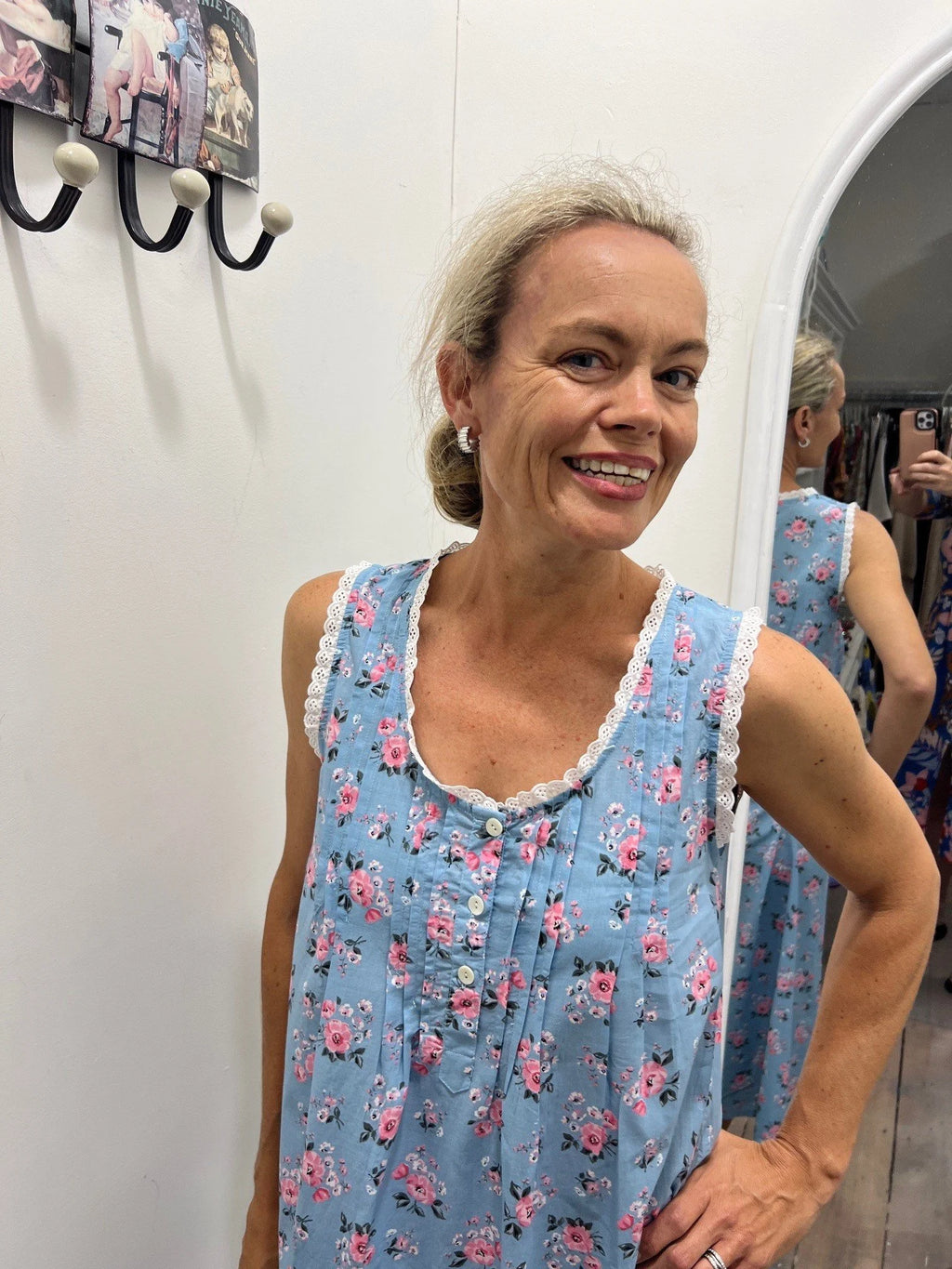 Blue Primrose Sleeveless Nightie With Front Pintucks, Buttons and Lace Detail