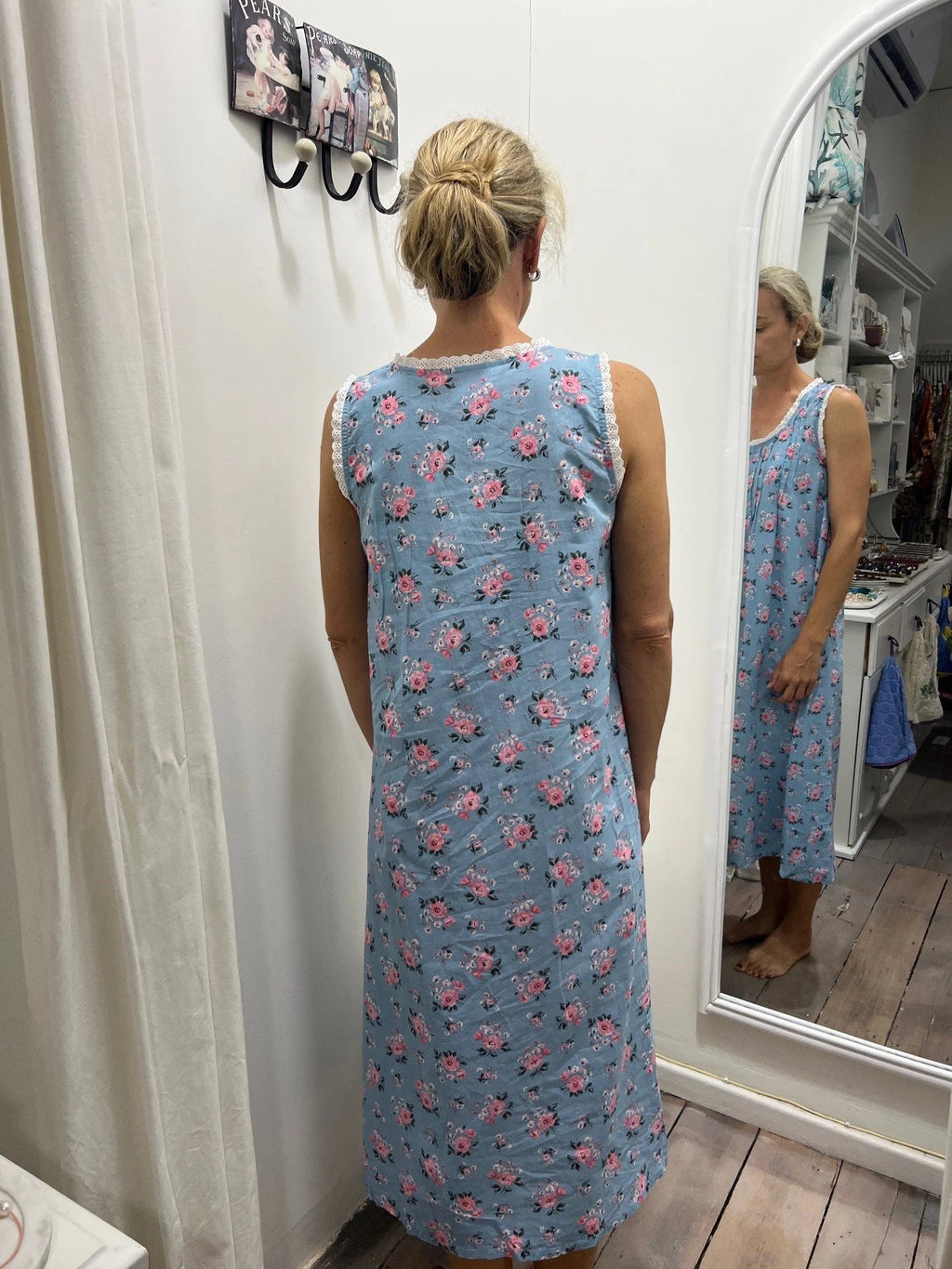 Blue Primrose Sleeveless Nightie With Front Pintucks, Buttons and Lace Detail