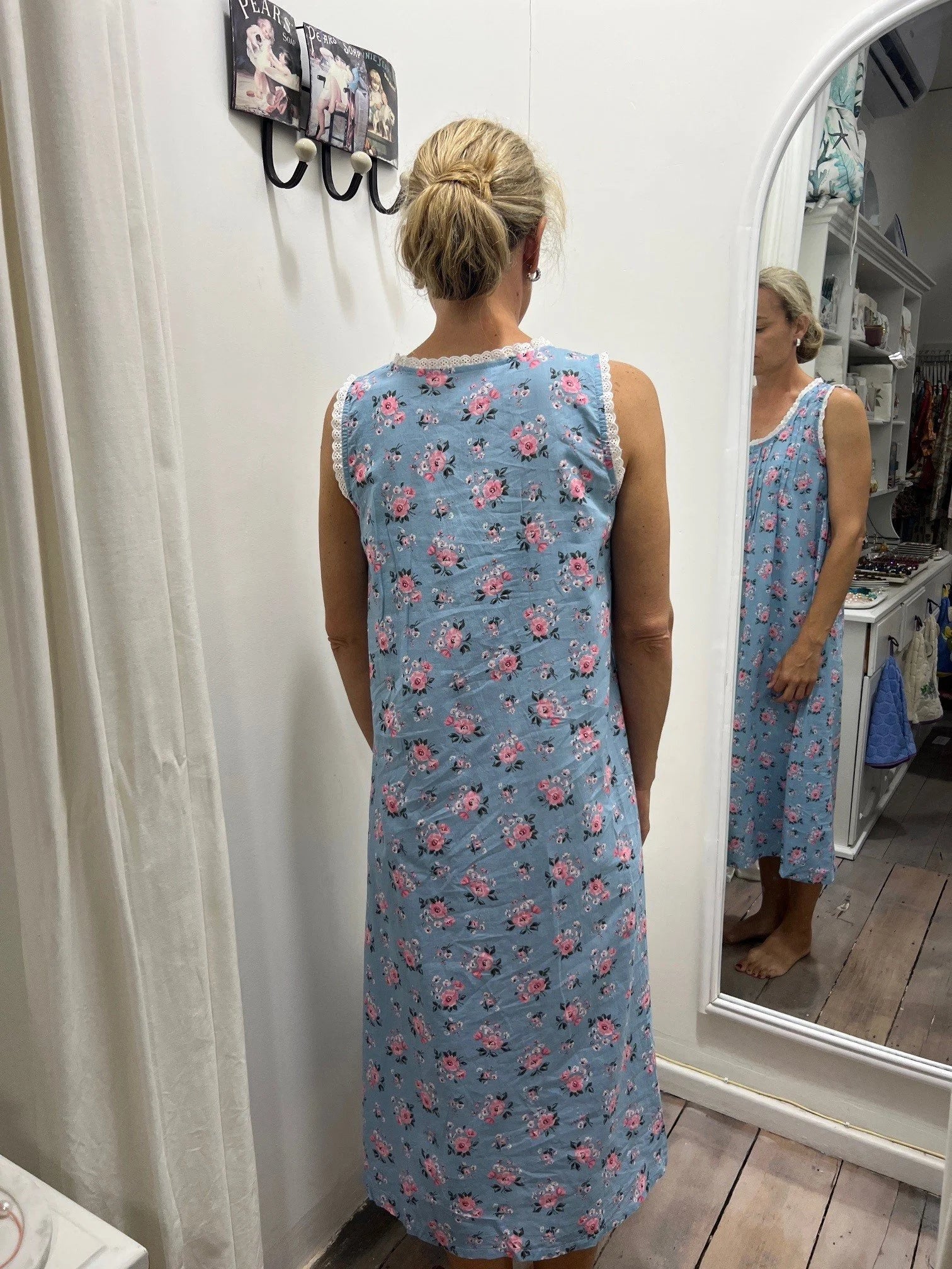 Blue Primrose Sleeveless Nightie With Front Pintucks, Buttons and Lace Detail