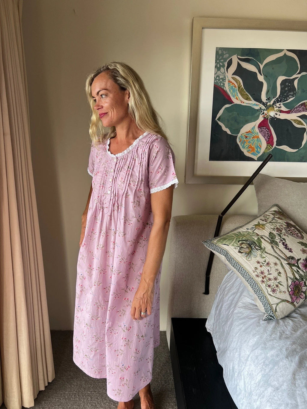 Charlotte in Mauve Flower Short Sleeve Pure Cotton Nightie With Lace Detail