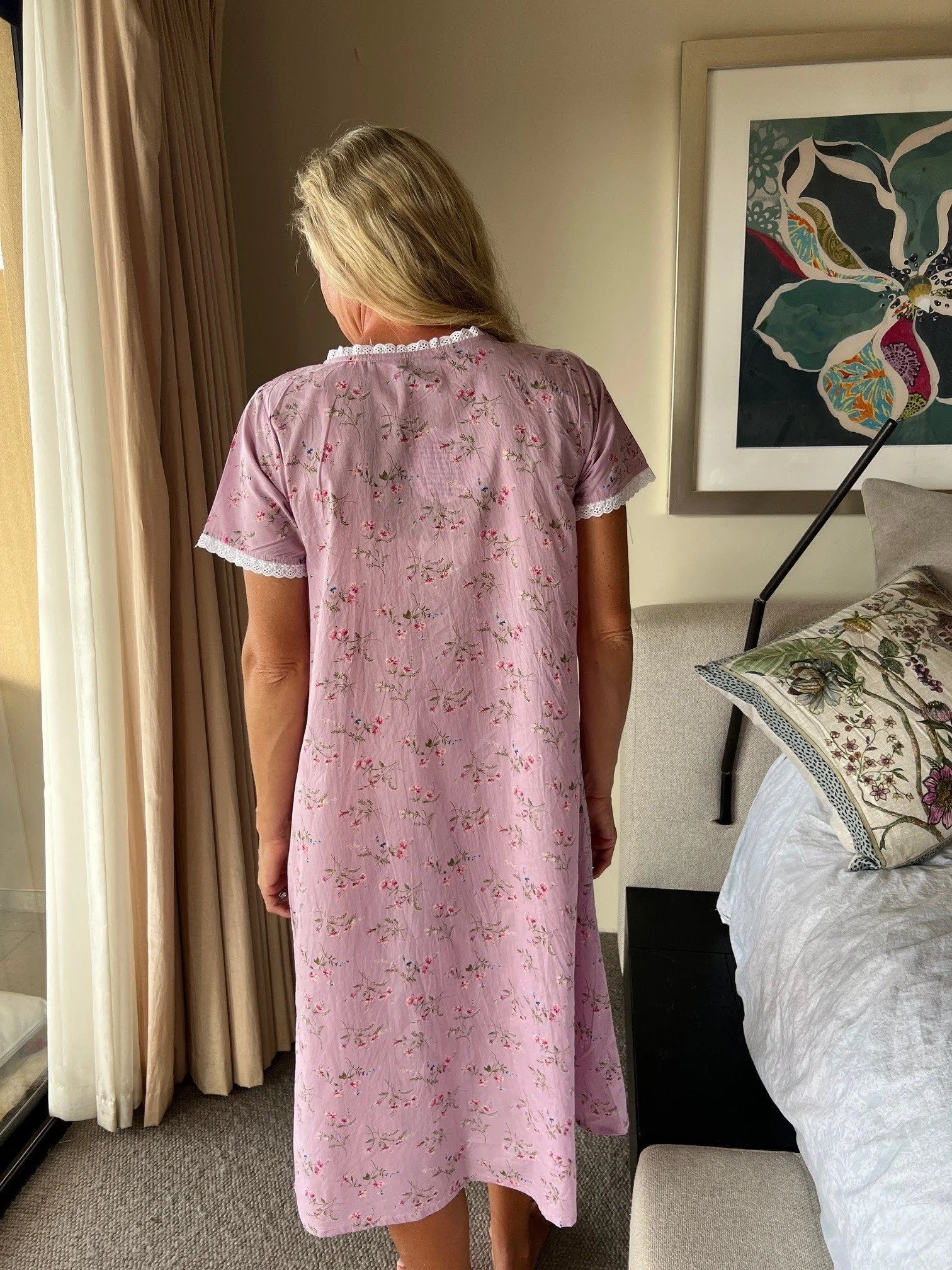Charlotte in Mauve Flower Short Sleeve Pure Cotton Nightie With Lace Detail
