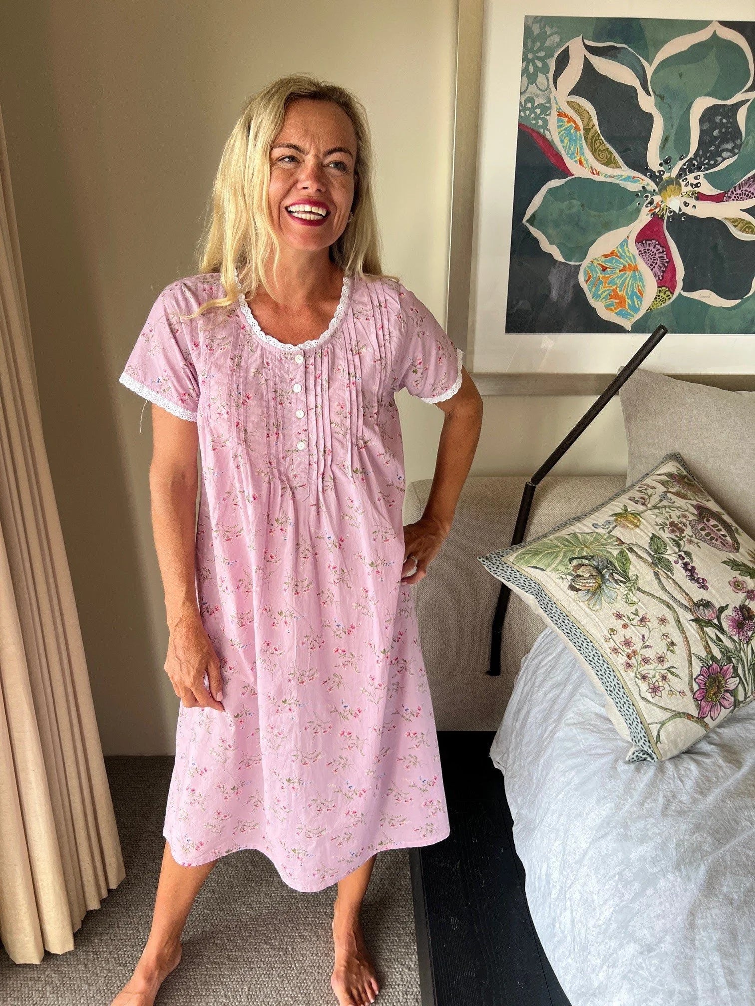 Charlotte in Mauve Flower Short Sleeve Pure Cotton Nightie With Lace Detail