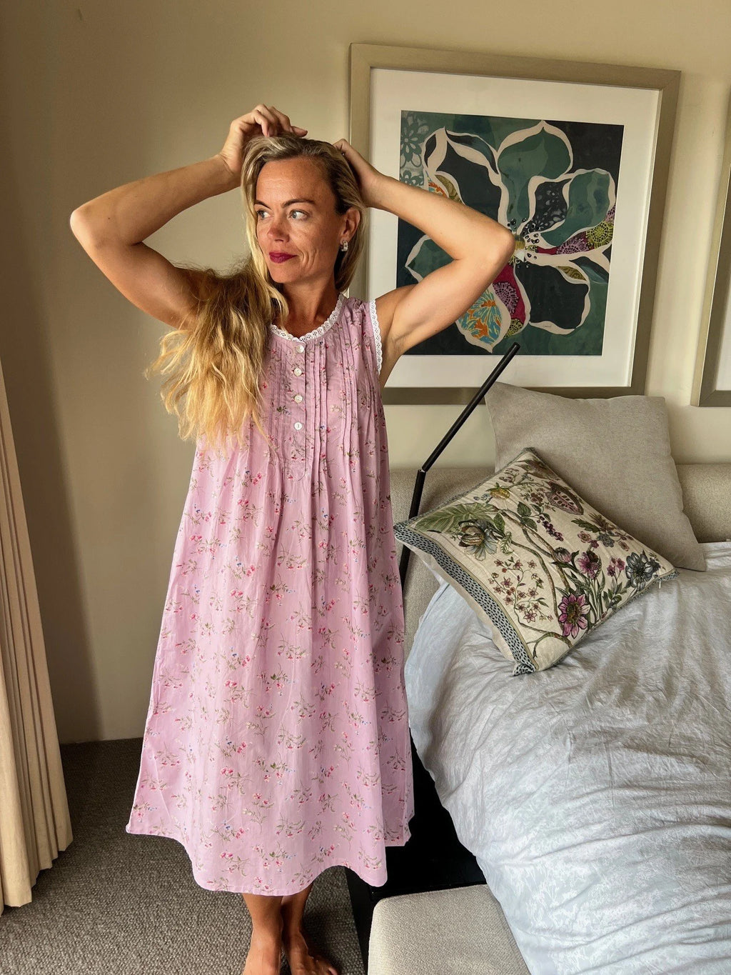 Estelle in Mauve Sleeveless Nightie With Front Pintucks, Buttons and Lace Detail