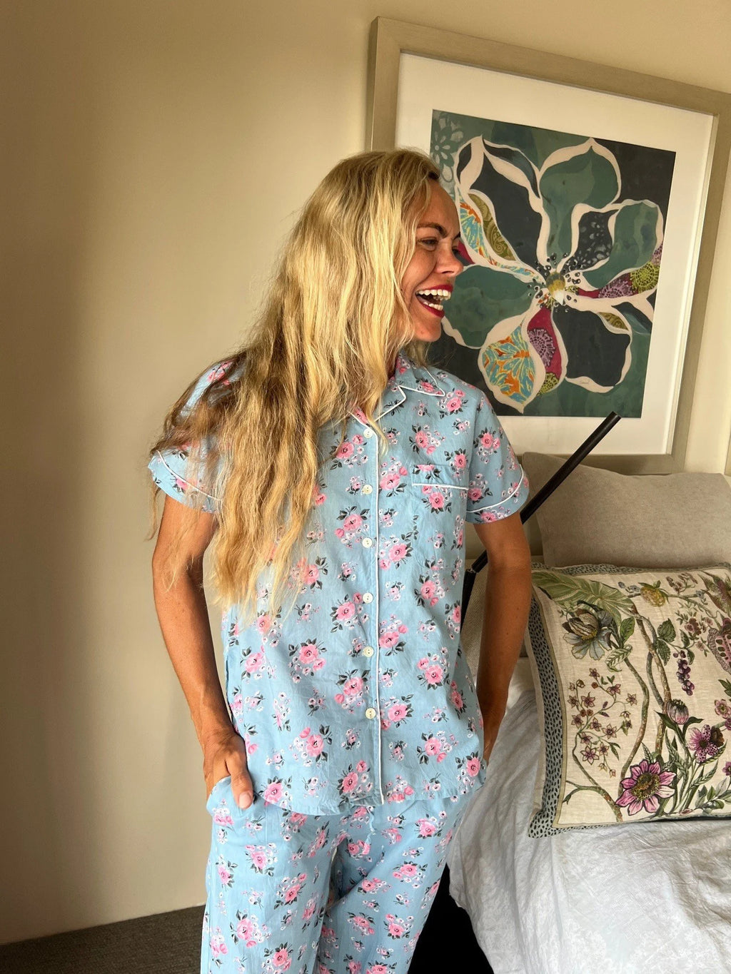 Isabella in Primrose Blue Cotton 3/4 Length PJs