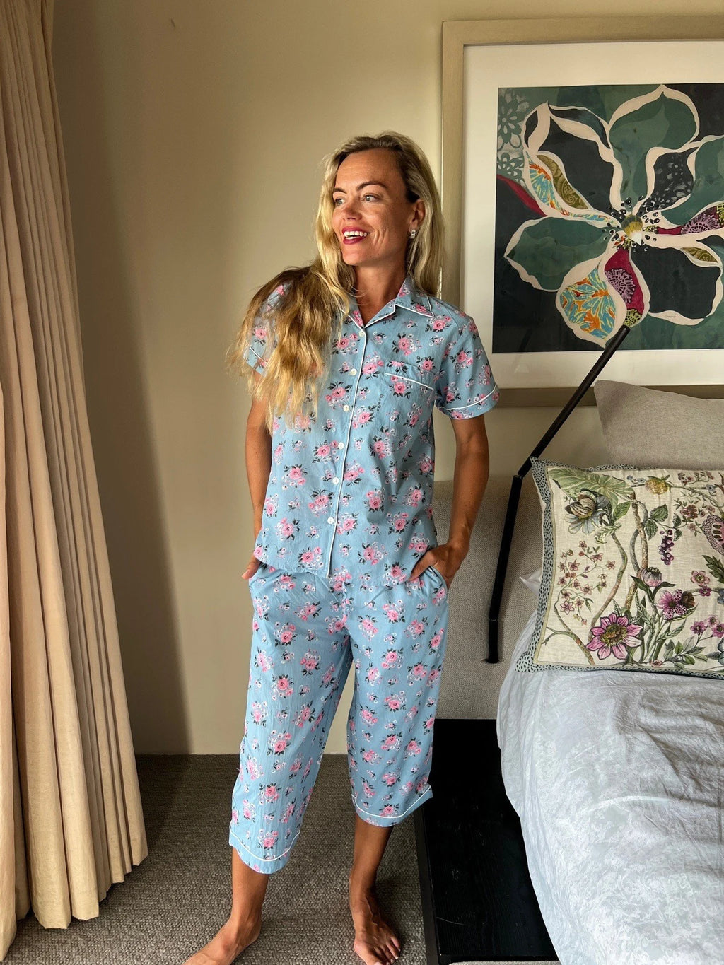 Isabella in Primrose Blue Cotton 3/4 Length PJs