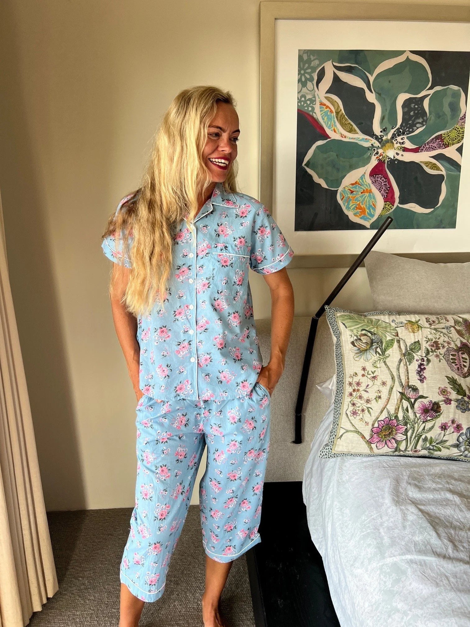 Isabella in Primrose Blue Cotton 3/4 Length PJs