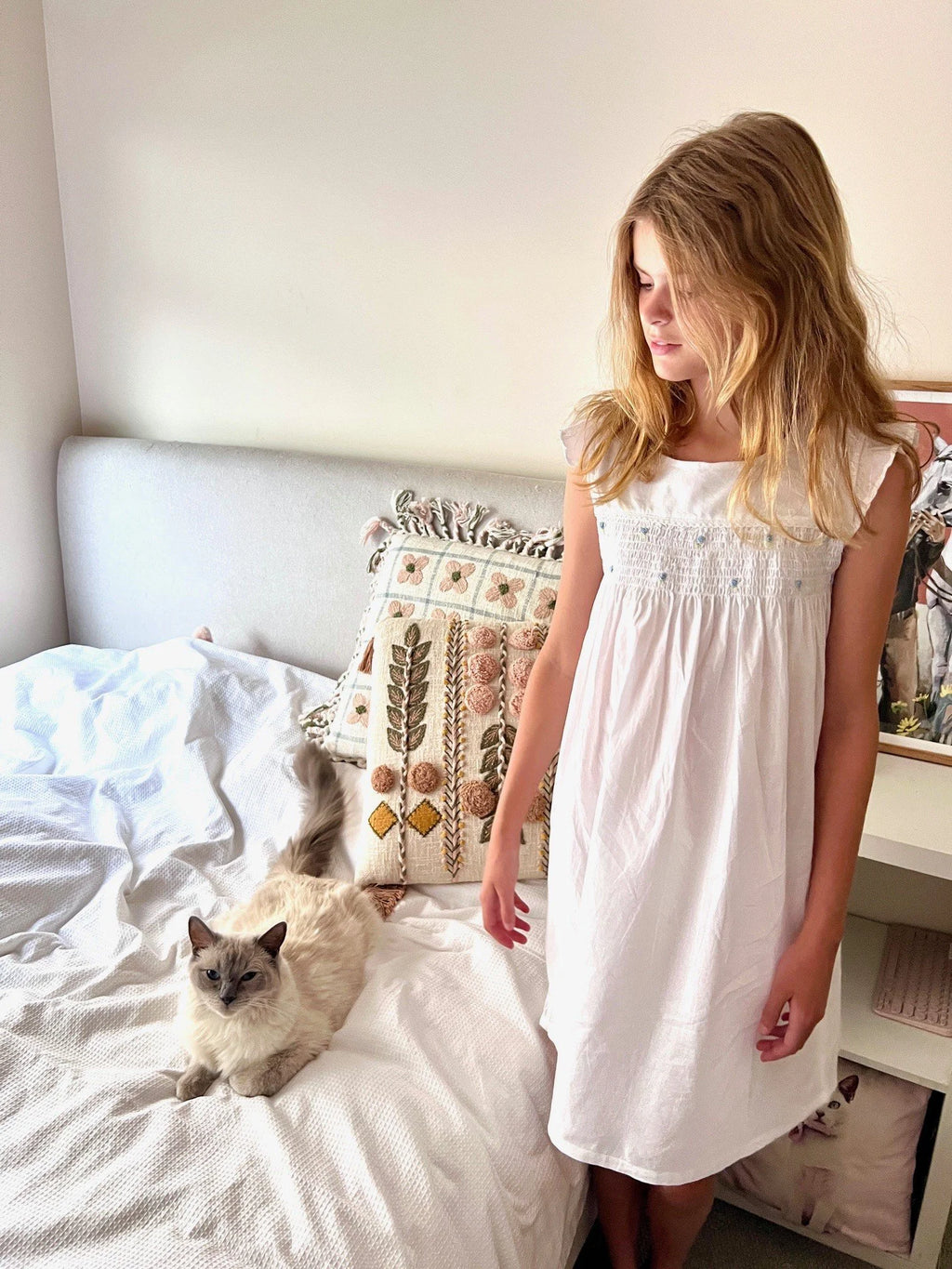 Stephanie Girls  Shirred White Pure Cotton Butterfly Sleeve Nightie