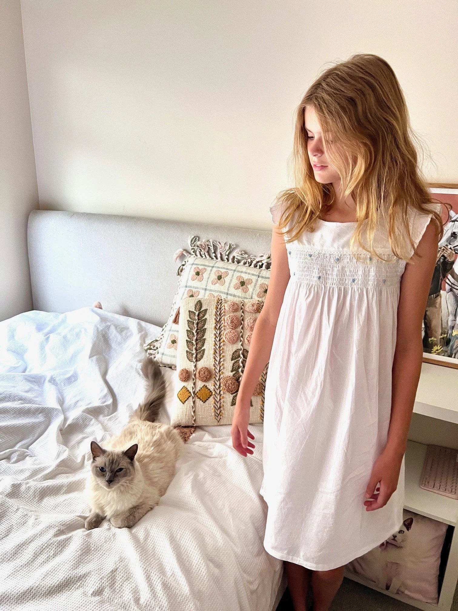 Stephanie Girls  Shirred White Pure Cotton Butterfly Sleeve Nightie