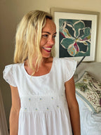 Stephanie White Shirred Nightie With Hand Embroidered Flower Detail and Soft Butterfly Sleeve