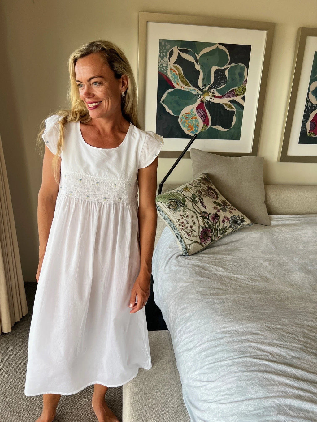 Stephanie White Shirred Nightie With Hand Embroidered Flower Detail and Soft Butterfly Sleeve