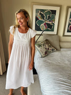 Stephanie White Shirred Nightie With Hand Embroidered Flower Detail and Soft Butterfly Sleeve