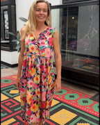 Delilah pure cotton sleeveless knee length dress in flower salad