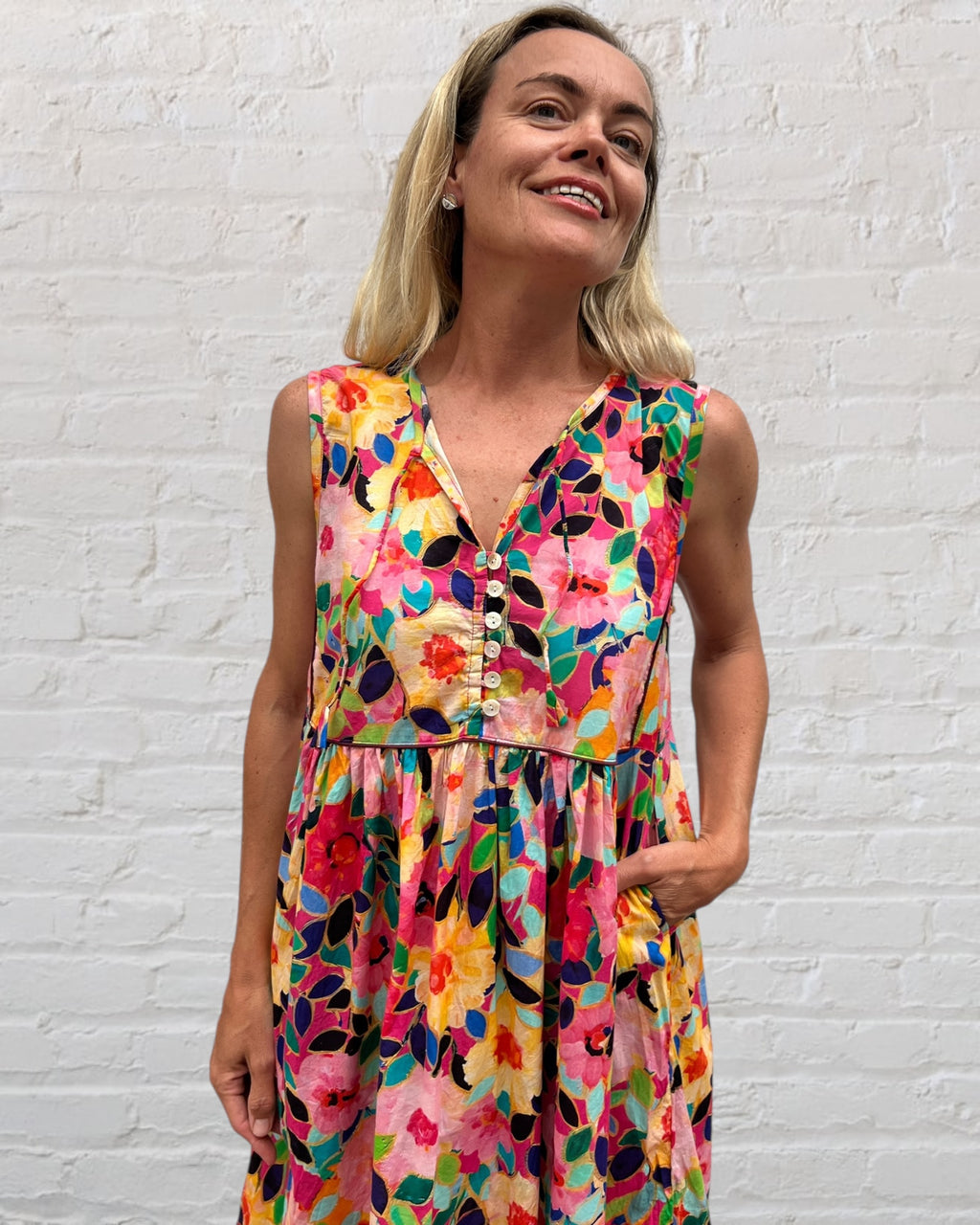 Delilah pure cotton sleeveless knee length dress in flower salad