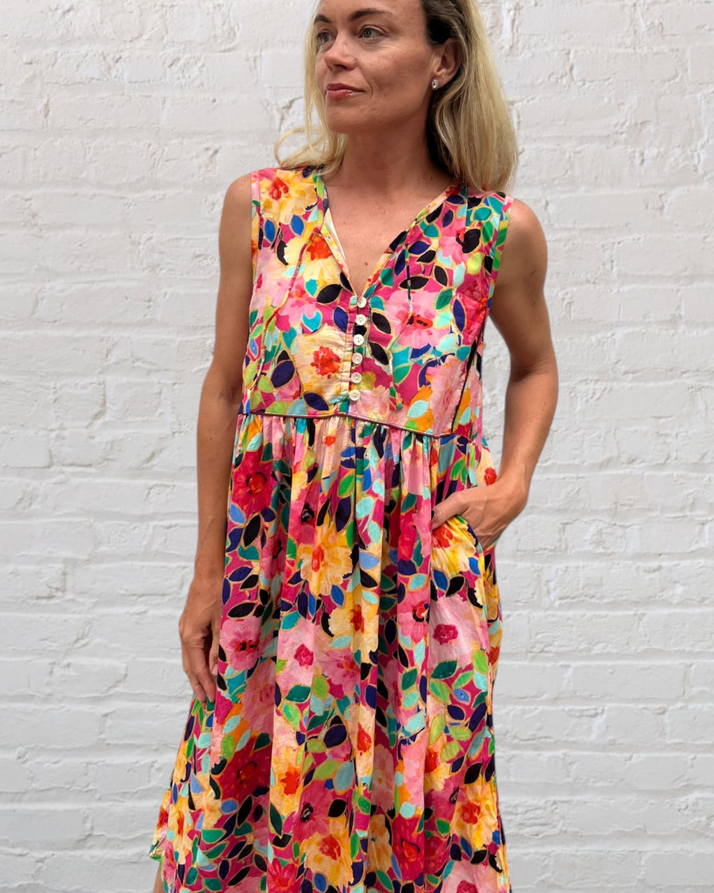 Delilah pure cotton sleeveless knee length dress in flower salad