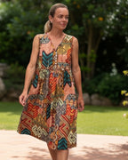 Delilah pure cotton sleeveless knee length dress in geometric mix