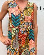 Delilah pure cotton sleeveless knee length dress in geometric mix