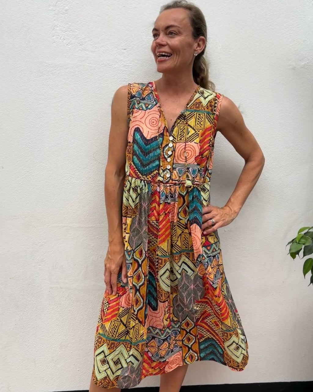 Delilah pure cotton sleeveless knee length dress in geometric mix