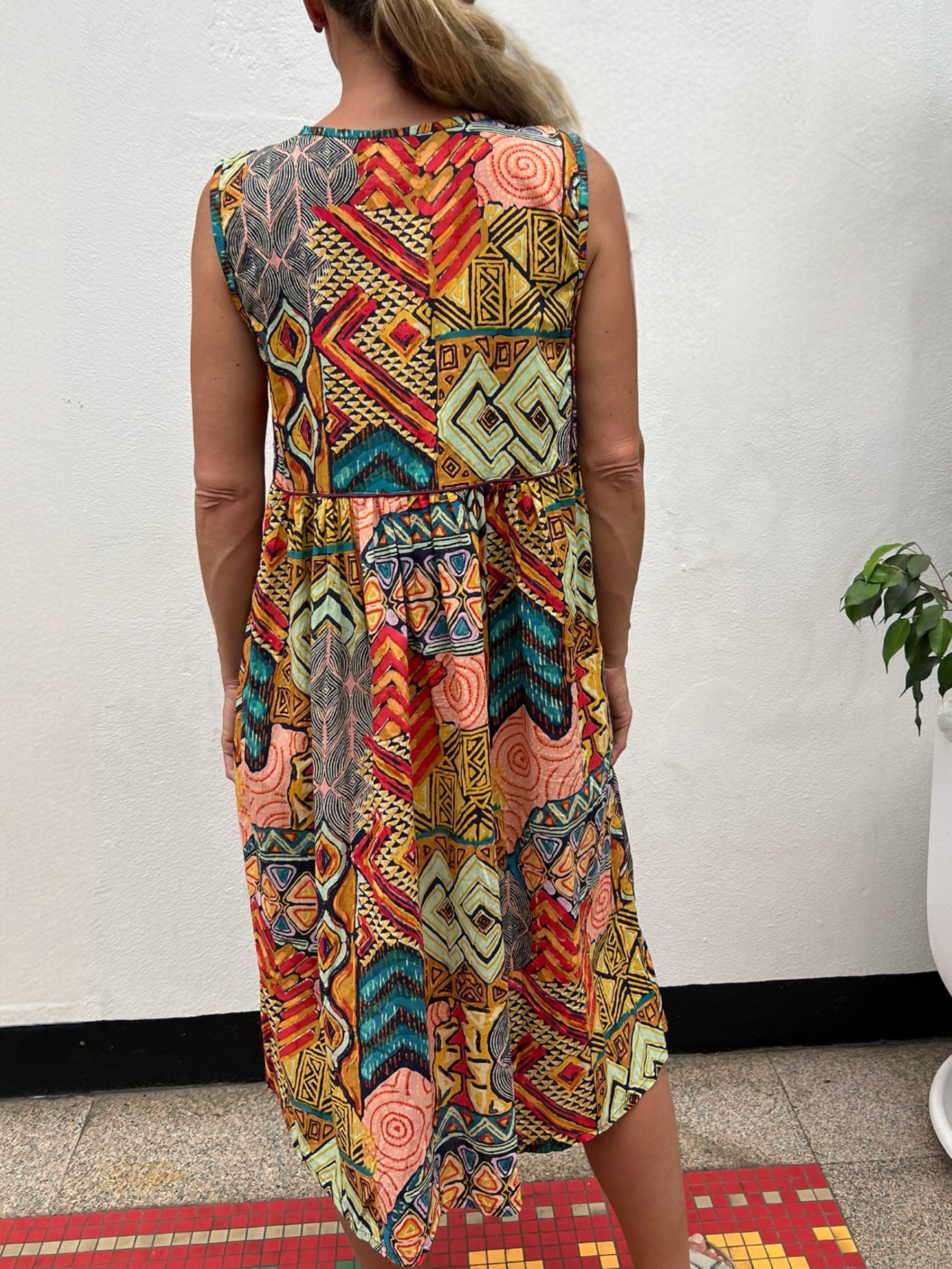 Delilah pure cotton sleeveless knee length dress in geometric mix