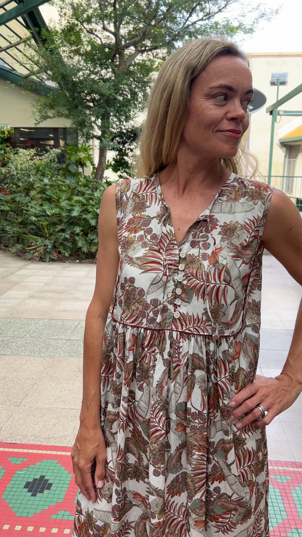 Delilah pure cotton sleeveless knee length dress in natural rainforest