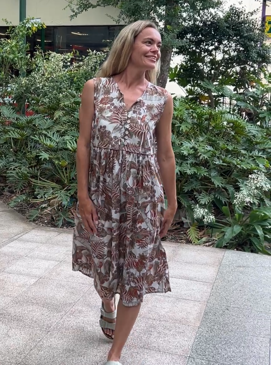 Delilah pure cotton sleeveless knee length dress in natural rainforest