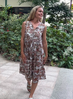 Delilah pure cotton sleeveless knee length dress in natural rainforest