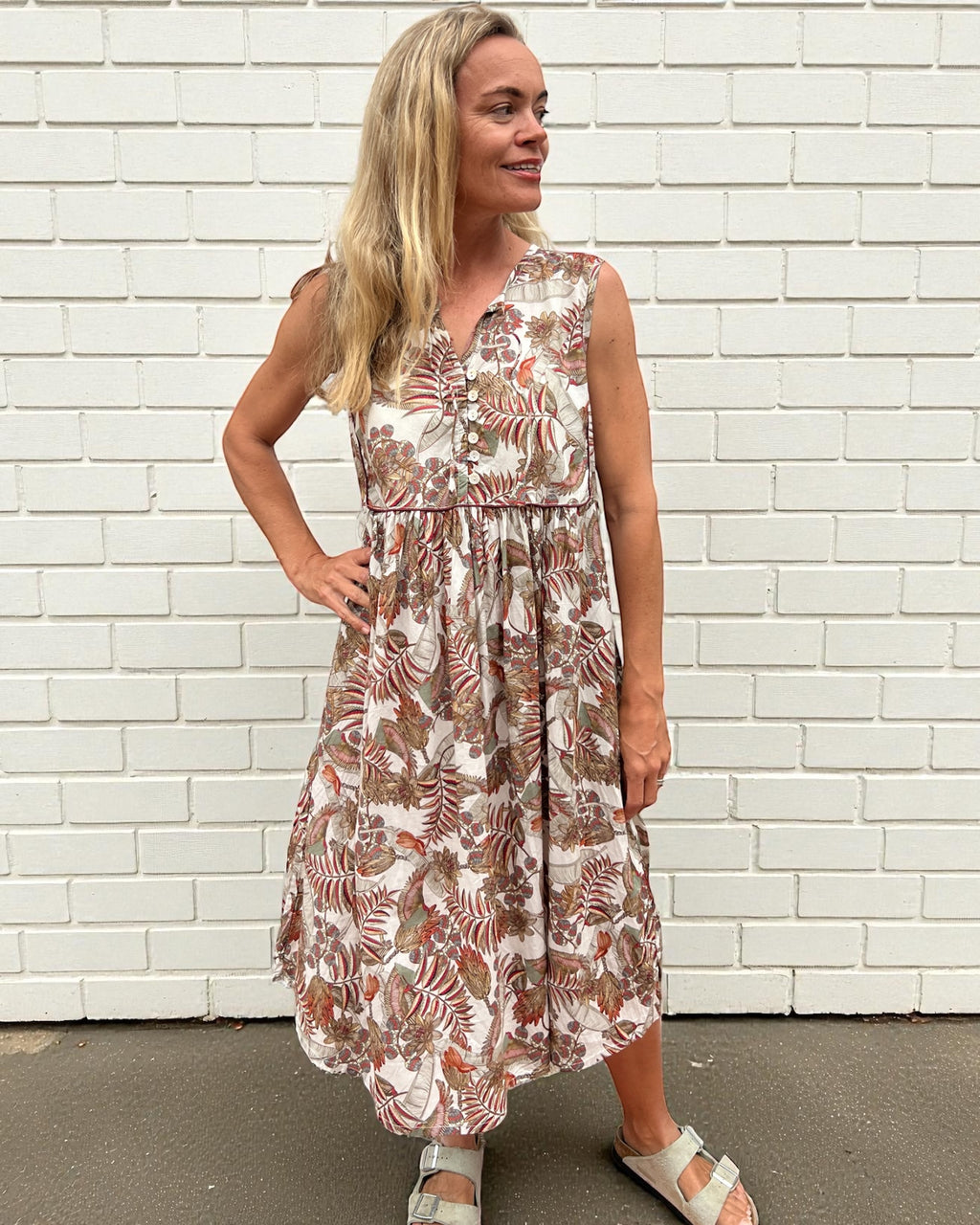 Delilah pure cotton sleeveless knee length dress in natural rainforest